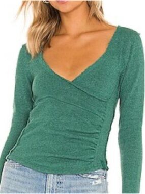 FREE People We The Free Everglade Green Ribbed Knit Ruched V-neck Top